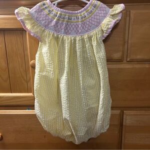 The Smocked Flamingo Beautiful Yellow Seersucker Bubble w/Pink Smocking Size 3T
